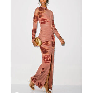 Black Halo Mesh Ruched Maxi Dress SIZE 4 Jersey Gown Watercolor Designer $500